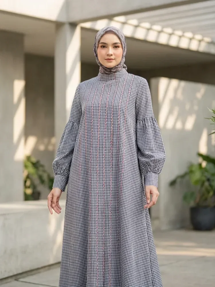 ASAYA Gaun elegan dengan motif posisi mode lengan panjang