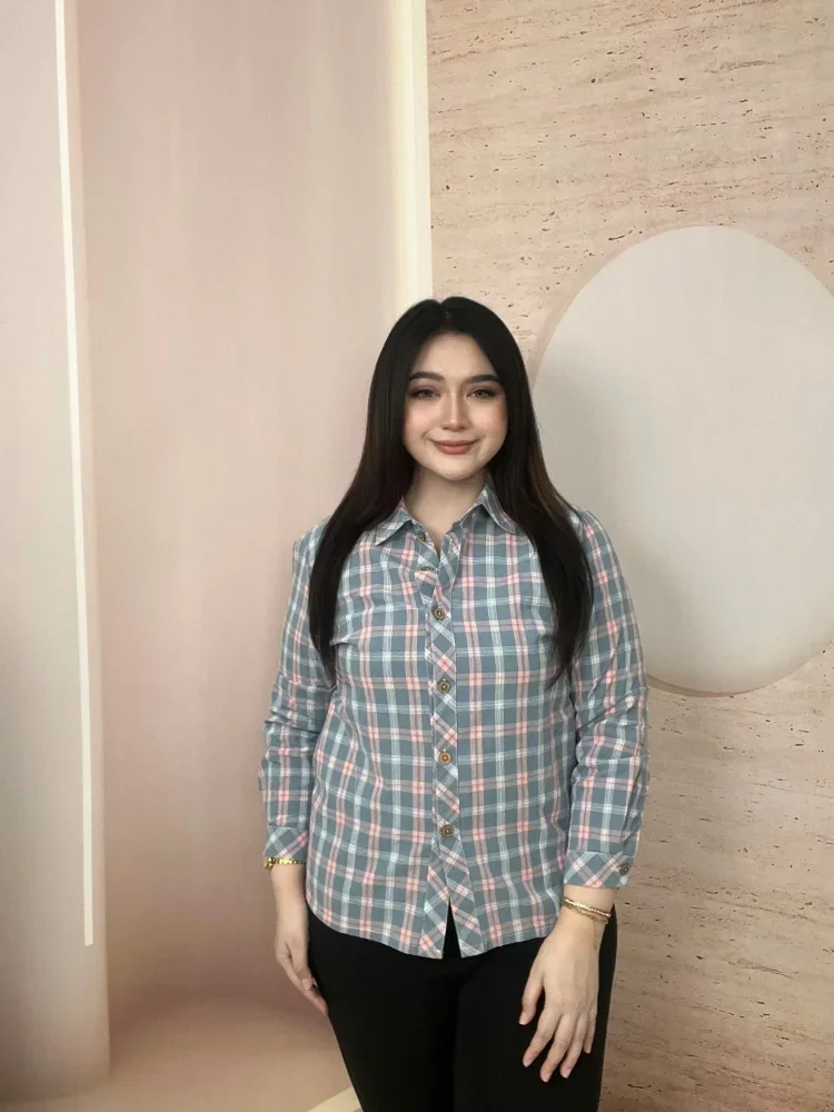 FADFAD Atasan kemeja kerah polo lengan panjang motif cetak bergaya retro