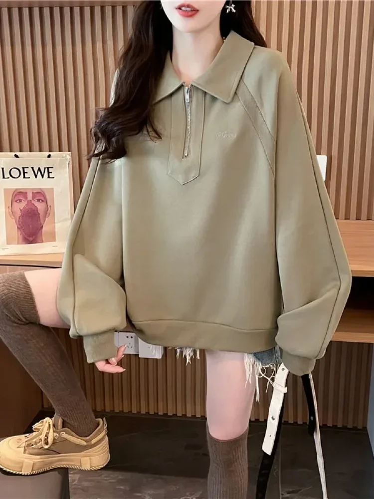 CHICMORE Atasan sweater wanita berkerah dan half zipper bergaya simple kasual