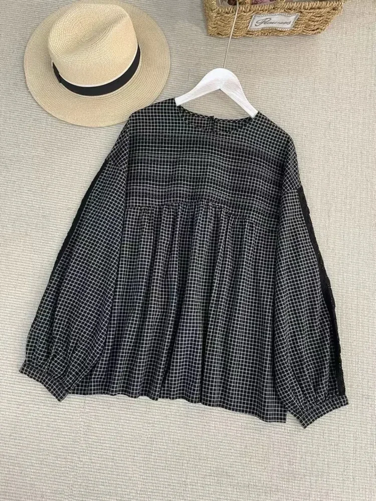 CHICMORE Atasan blouse lengan panjang kerah bulat motif cetak gaya kekinian