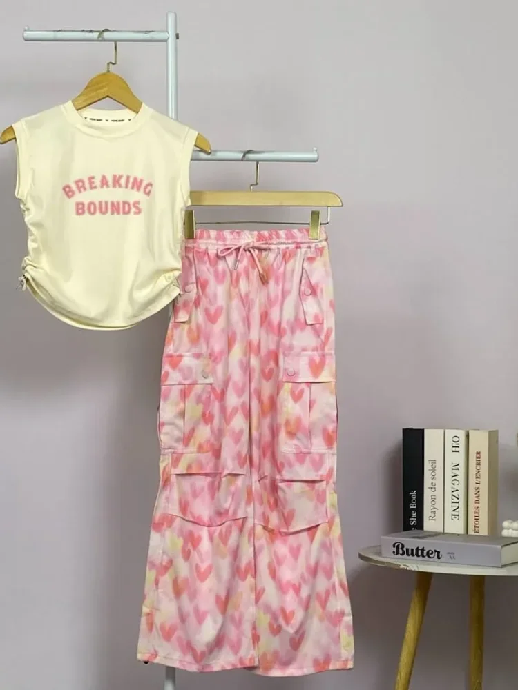 FADFAD One set crop top sleeveless wanita korean style dan celana cargo loose pants heart pattern