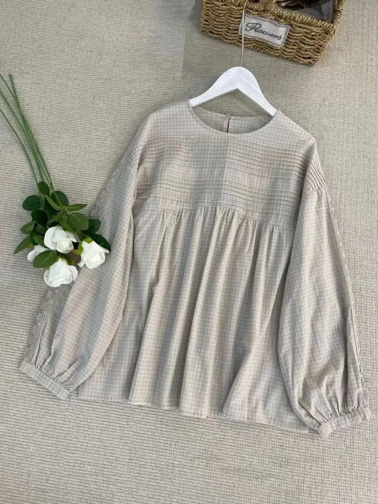 CHICMORE Atasan blouse lengan panjang kerah bulat motif cetak gaya kekinian