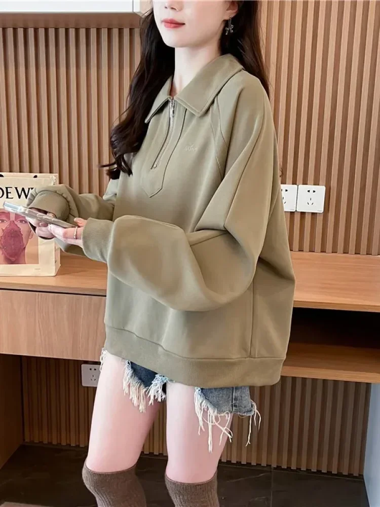 CHICMORE Atasan sweater wanita berkerah dan half zipper bergaya simple kasual
