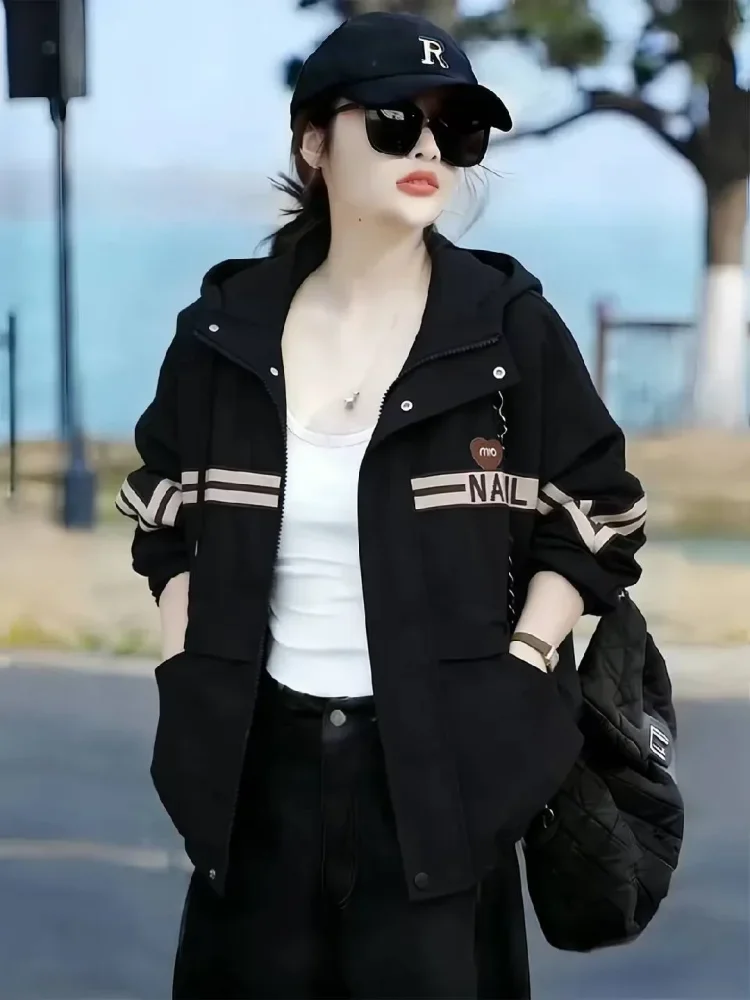 CHICMORE Atasan wanita jaket lengan panjang mode longgar dengan hoded