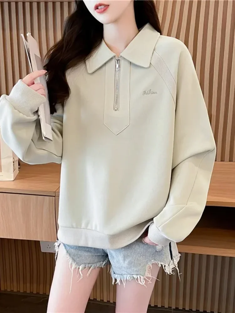 CHICMORE Atasan sweater wanita berkerah dan half zipper bergaya simple kasual
