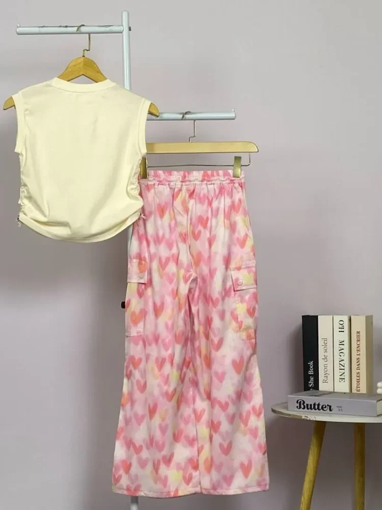 FADFAD One set crop top sleeveless wanita korean style dan celana cargo loose pants heart pattern