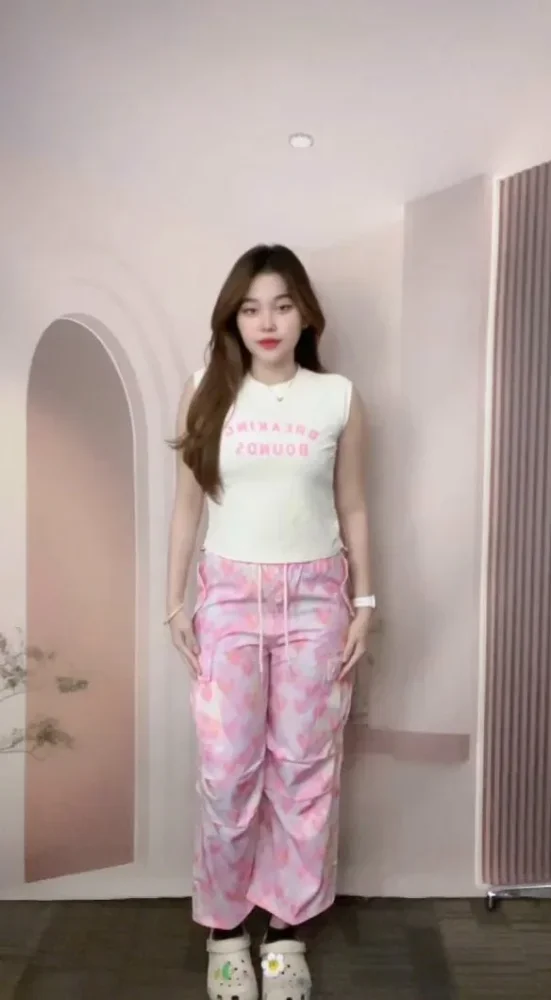 FADFAD One set crop top sleeveless wanita korean style dan celana cargo loose pants heart pattern