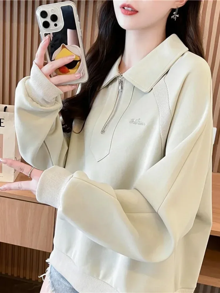 CHICMORE Atasan sweater wanita berkerah dan half zipper bergaya simple kasual