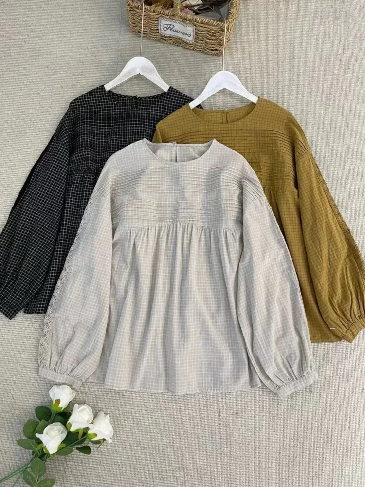 CHICMORE Atasan blouse lengan panjang kerah bulat motif cetak gaya kekinian