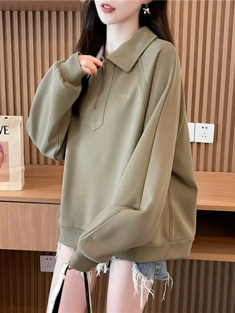CHICMORE Atasan sweater wanita berkerah dan half zipper bergaya simple kasual