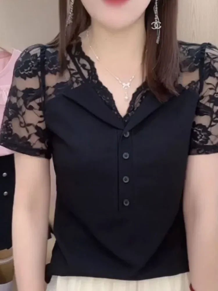 FADFAD Atasan blouse wanita lengan pendek v-neck kancing depan casual