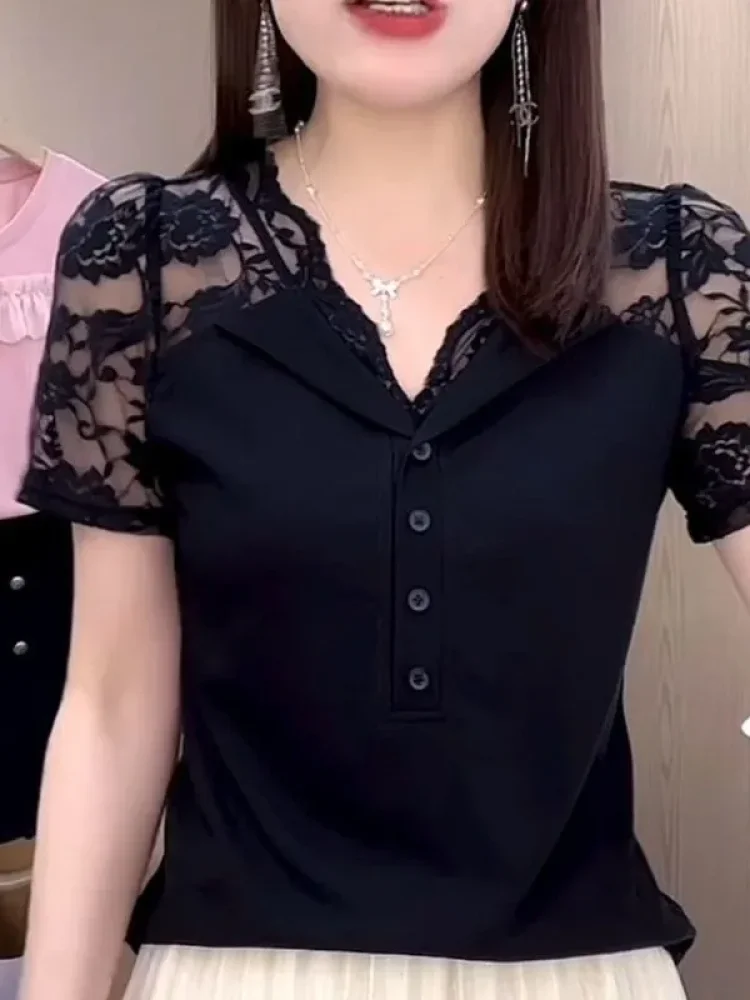 FADFAD Atasan blouse wanita lengan pendek v-neck kancing depan casual