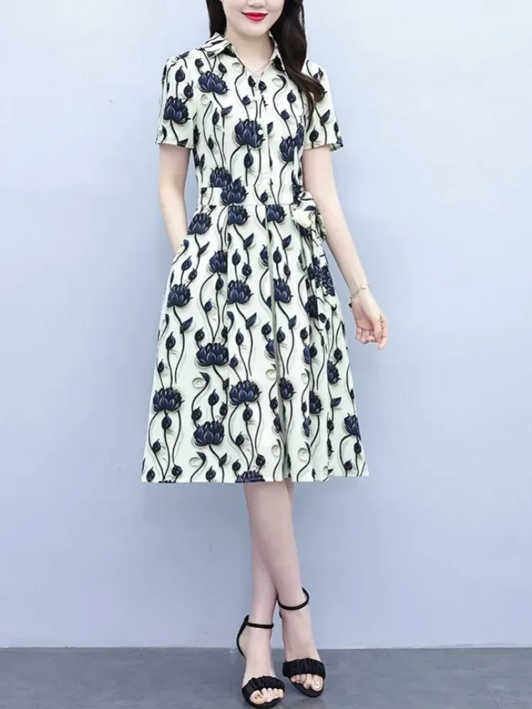 ASAYA Gaun midi shirt dress kerah kemeja motif ikat abstract