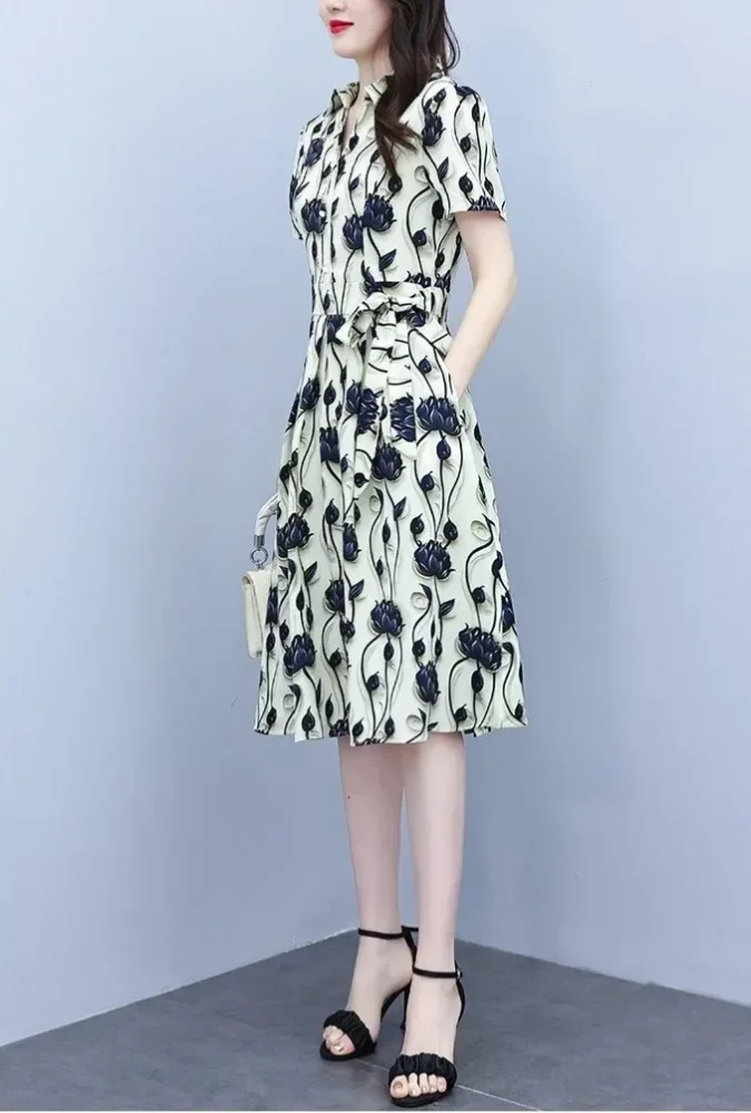 ASAYA Gaun midi shirt dress kerah kemeja motif ikat abstract