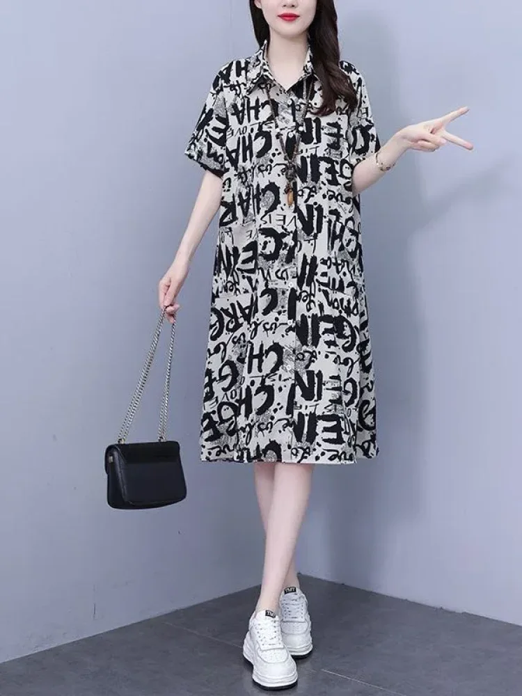 ASAYA Gaun midi model kemeja lengan pendek motif cetak terbaru minimalis