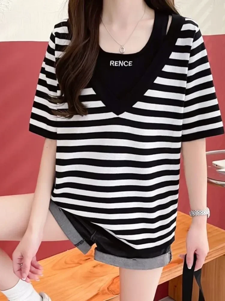 ASAYA Baju t-shirt dua potong motif garis-garis gaya korea lengan pendek chic untuk wanita