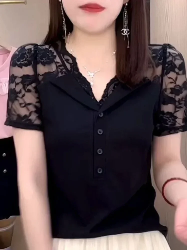 FADFAD Atasan blouse wanita lengan pendek v-neck kancing depan casual