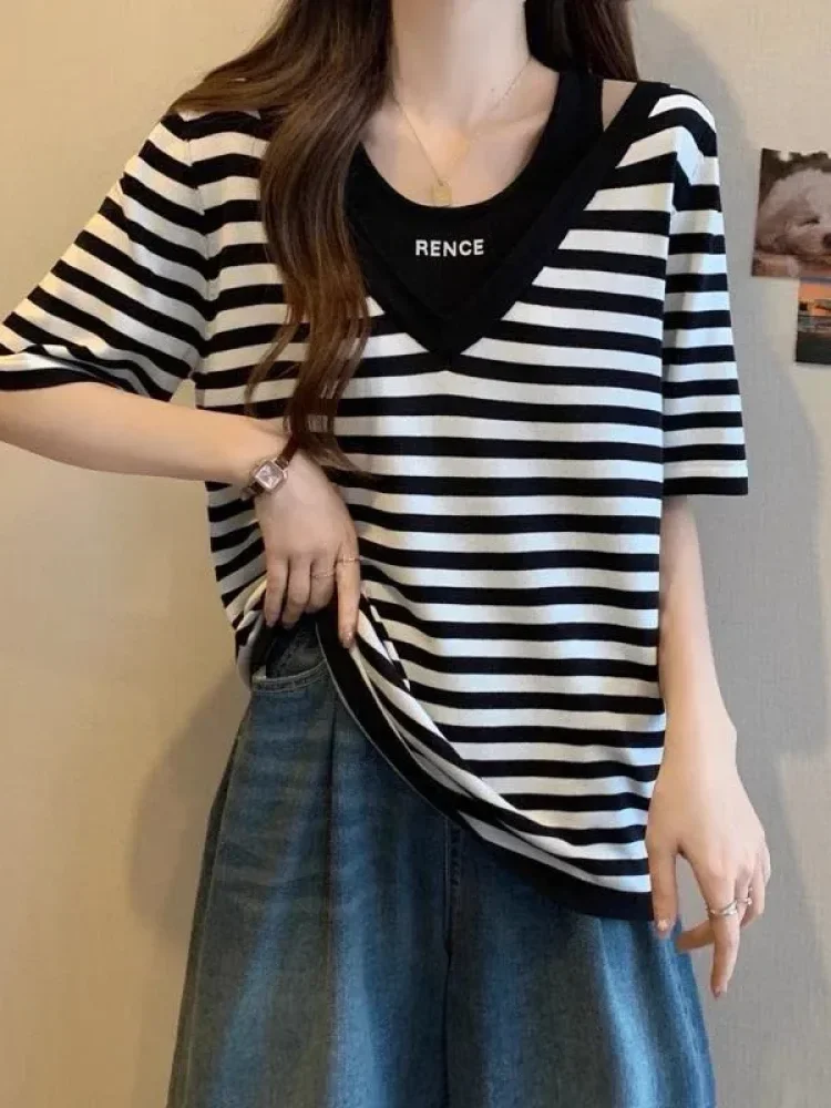 ASAYA Baju t-shirt dua potong motif garis-garis gaya korea lengan pendek chic untuk wanita