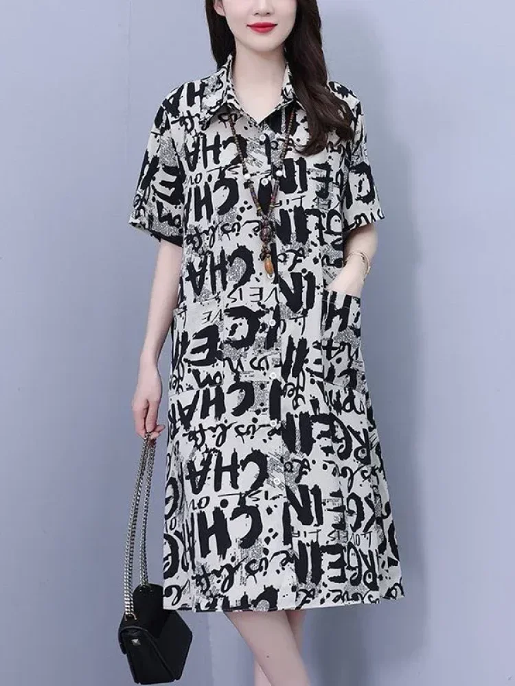ASAYA Gaun midi model kemeja lengan pendek motif cetak terbaru minimalis