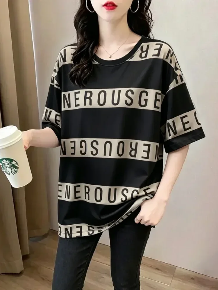 ASAYA Atasan t-shirt lengan pendek dengan kerah bulat bergaya kasual, lembut, tipis, dan bermotif