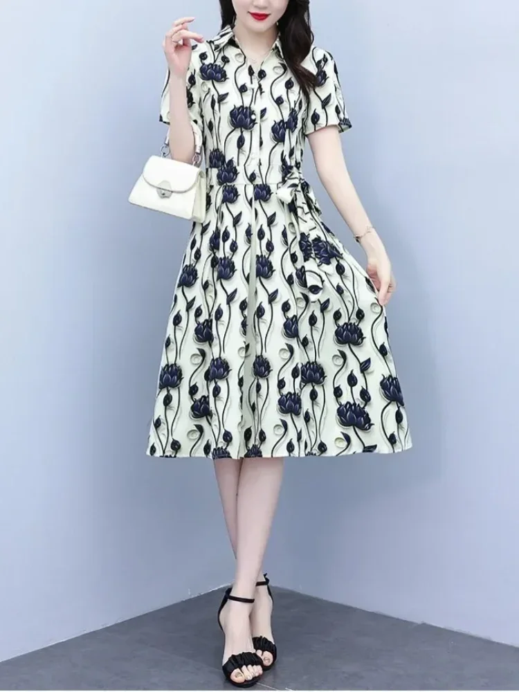 ASAYA Gaun midi shirt dress kerah kemeja motif ikat abstract