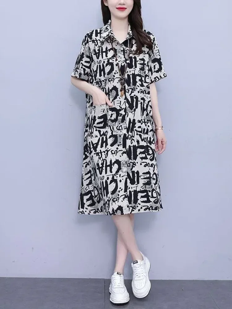 ASAYA Gaun midi model kemeja lengan pendek motif cetak terbaru minimalis