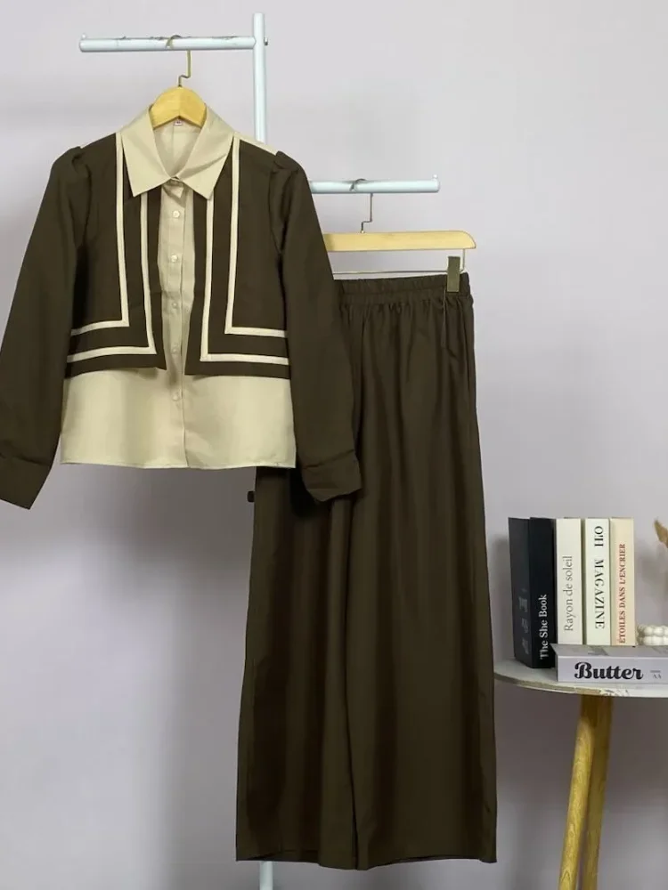 ASAYA Pakaian santai wanita dua potong lengan panjang dengan desain garis dekoratif bertingkat dan celana bergaya mewah