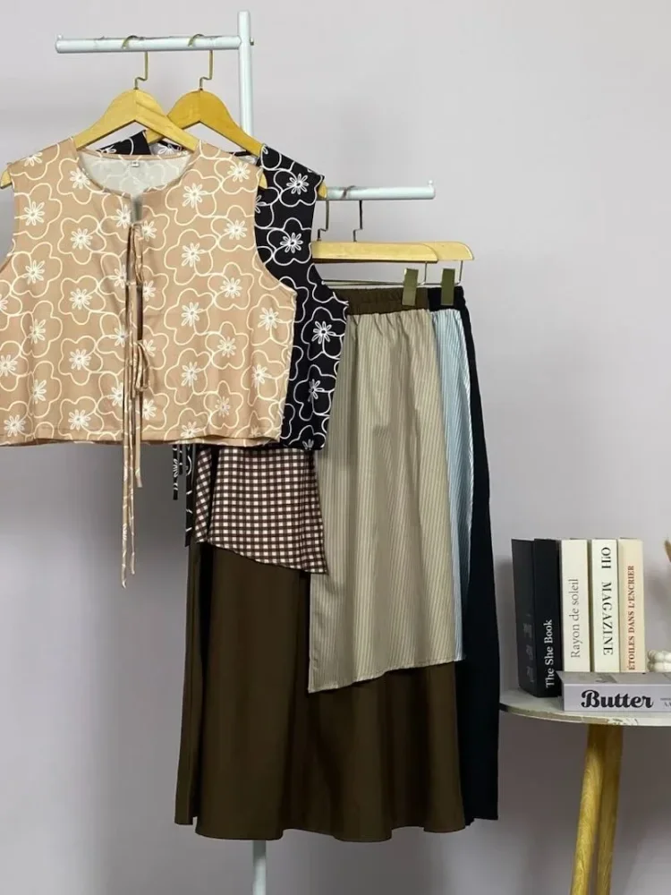 ASAYA Setelan dua potong wanita: atasan tanpa lengan dengan cetakan fashion dan rok warna kombinasi
