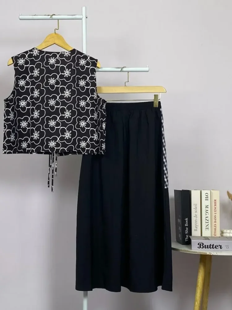 ASAYA Setelan dua potong wanita: atasan tanpa lengan dengan cetakan fashion dan rok warna kombinasi