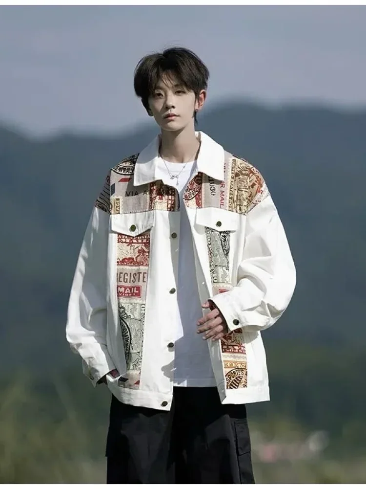 MODISH Kemeja motif cetak unik dengan kerah polo variasi saku unik dan lengan panjang