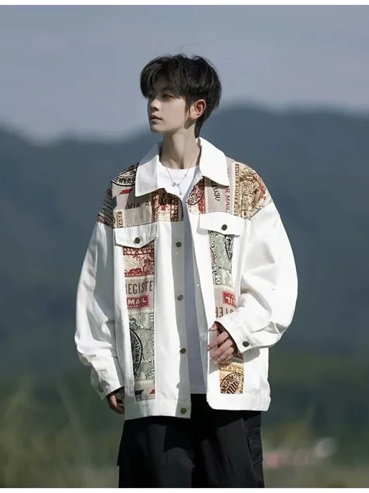 MODISH Kemeja motif cetak unik dengan kerah polo variasi saku unik dan lengan panjang