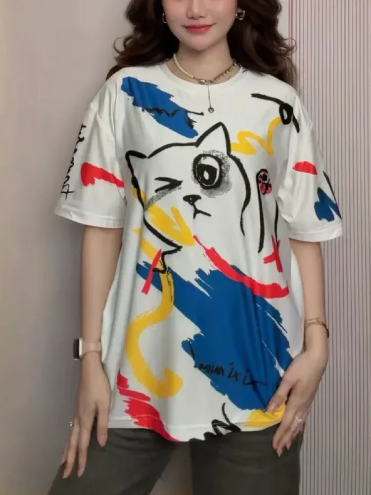 [READY STOCK]ASAYA Atasan t-shirt lengan pendek dengan kerah bulat bergaya kasual, lembut dan tipis dengan motif cetak