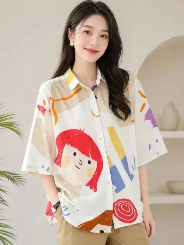 ASAYA Atasan kemeja lengan pendek motif cetak longgar gaya kasual model baru