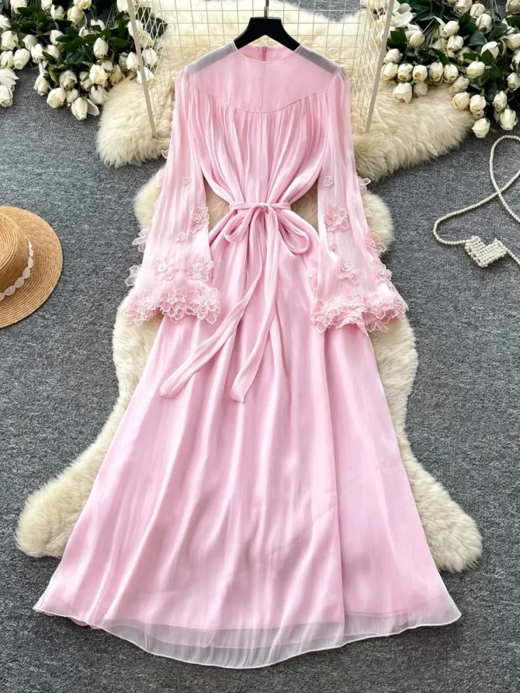 FADFAD Gaun maxi mewah dengan lengan panjang dengan ikat pinggang cantik gaya elegan kekinian untuk wanita