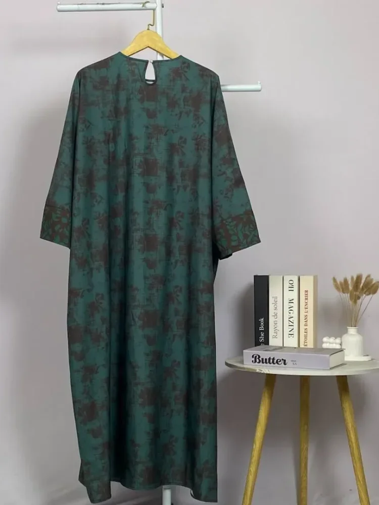ASAYA Gaun berleher bulat dengan desain patchwork bermotif hijau,