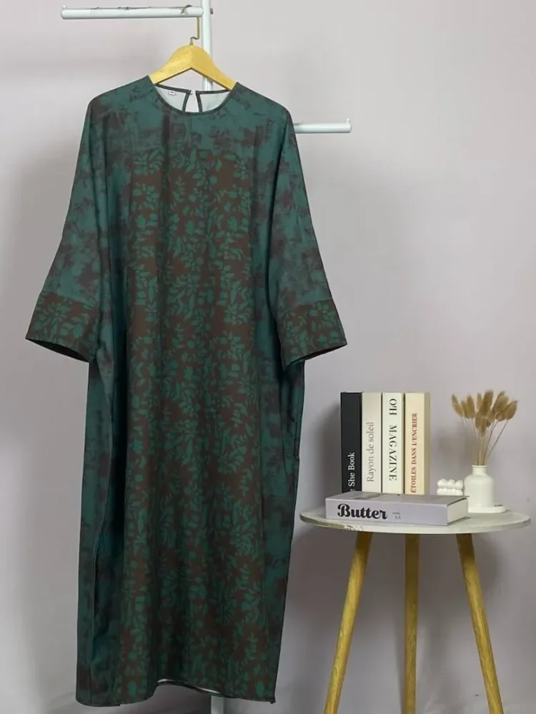 ASAYA Gaun berleher bulat dengan desain patchwork bermotif hijau,