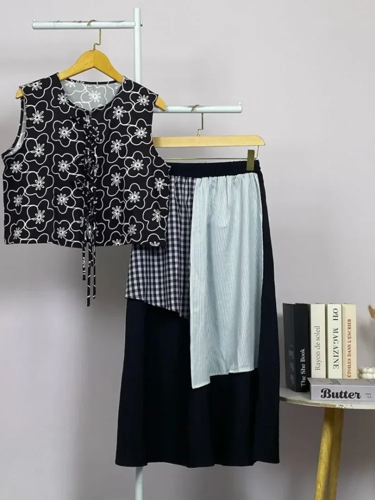 ASAYA Setelan dua potong wanita: atasan tanpa lengan dengan cetakan fashion dan rok warna kombinasi