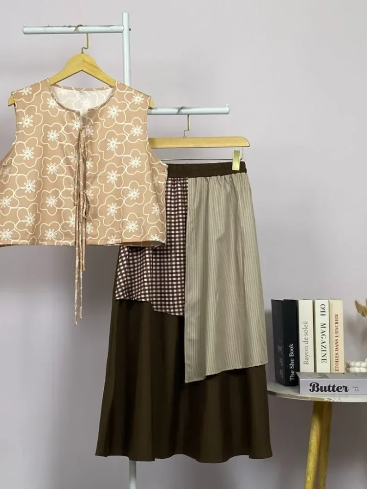 ASAYA Setelan dua potong wanita: atasan tanpa lengan dengan cetakan fashion dan rok warna kombinasi