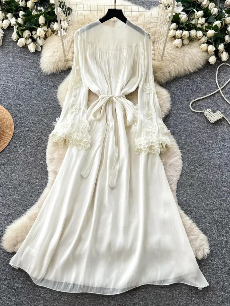 FADFAD Gaun maxi mewah dengan lengan panjang dengan ikat pinggang cantik gaya elegan kekinian untuk wanita