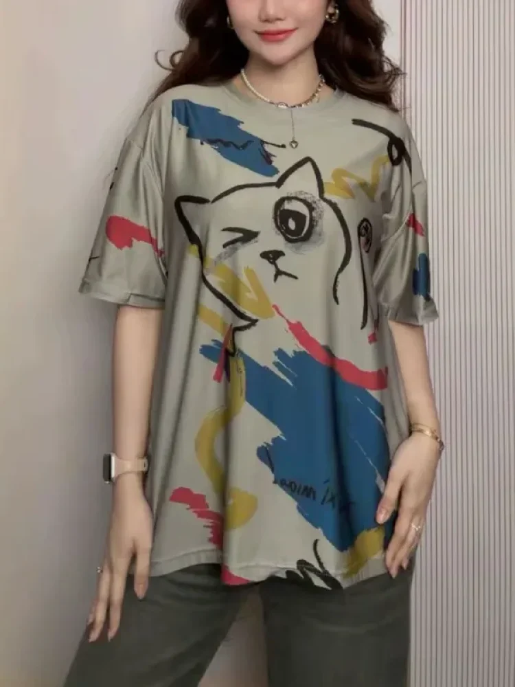 [READY STOCK]ASAYA Atasan t-shirt lengan pendek dengan kerah bulat bergaya kasual, lembut dan tipis dengan motif cetak