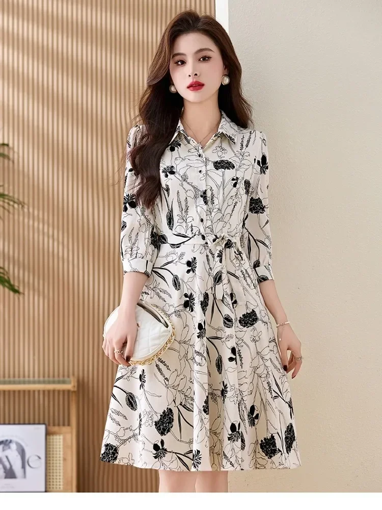ASAYA Gaun midi kerah polo motif cetak bergaya kekinian baru untuk wanita