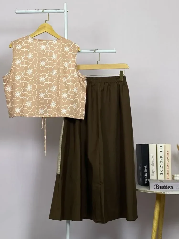 ASAYA Setelan dua potong wanita: atasan tanpa lengan dengan cetakan fashion dan rok warna kombinasi
