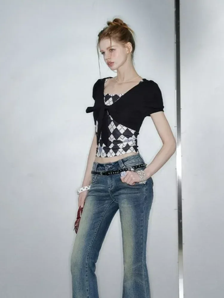 ASAYA Kaos wanita slim fit kotak-kotak dua potong palsu lengan puff