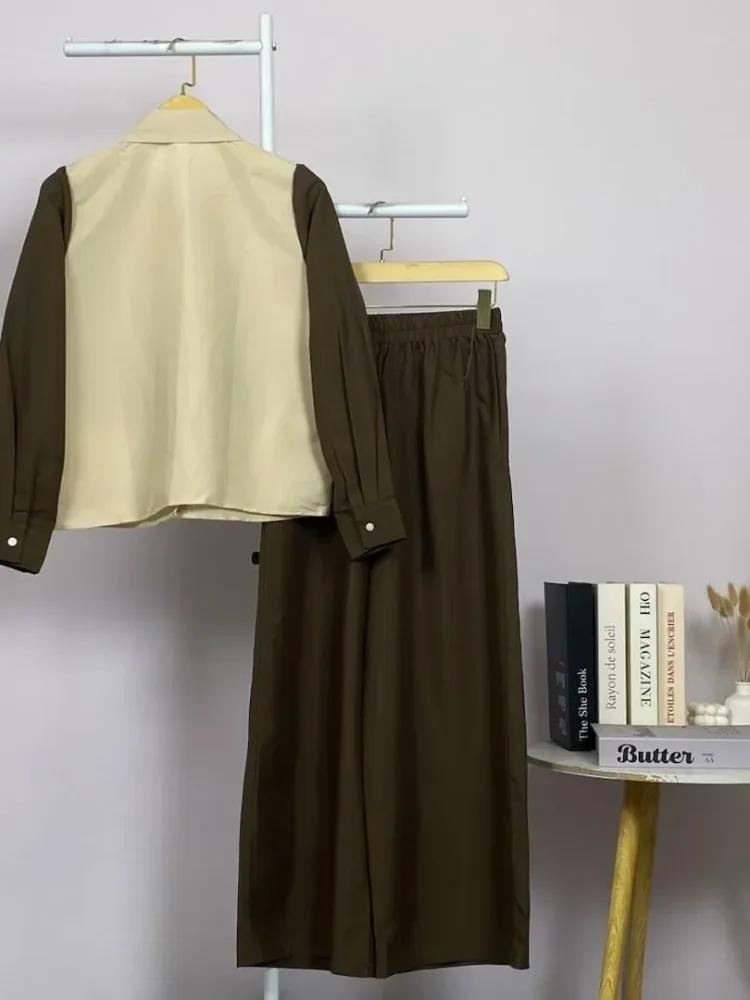 ASAYA Pakaian santai wanita dua potong lengan panjang dengan desain garis dekoratif bertingkat dan celana bergaya mewah