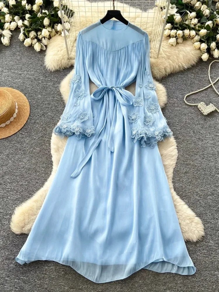 FADFAD Gaun maxi mewah dengan lengan panjang dengan ikat pinggang cantik gaya elegan kekinian untuk wanita