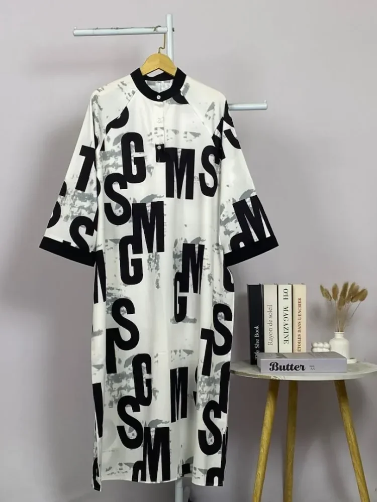 ASAYA Gamis wanita elegan motif garis kotak biru abu modern kekinian
