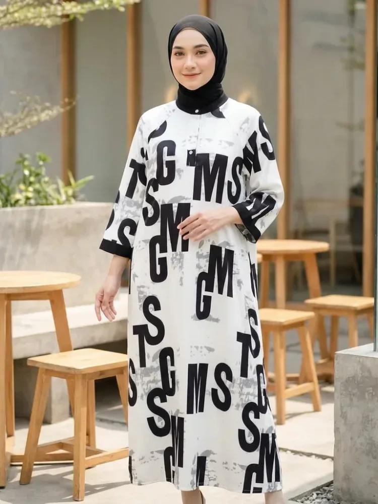 ASAYA Gamis wanita elegan motif garis kotak biru abu modern kekinian