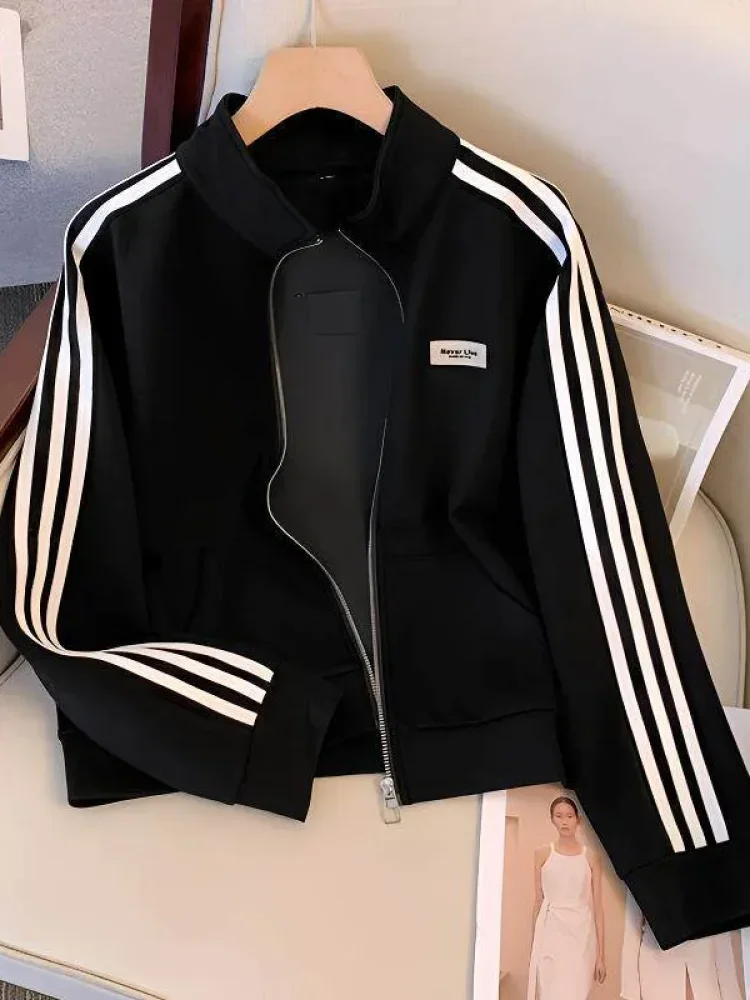 CHICMORE Atasan wanita jaket lengan panjang model terbaru dengan variasi bergaris dibagian lengan