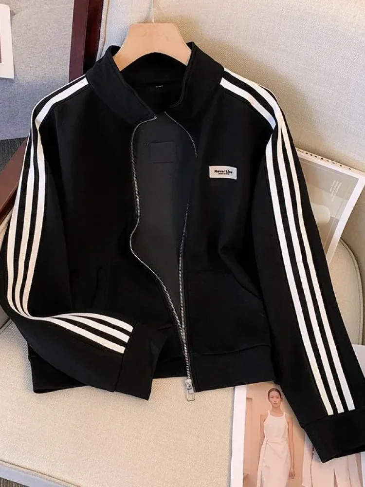 CHICMORE Atasan wanita jaket lengan panjang model terbaru dengan variasi bergaris dibagian lengan