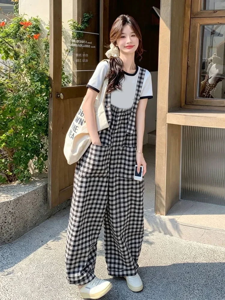 ASAYA Celana panjang wanita motif plaidb patchwork korean style